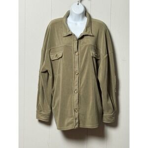 ILLA ILLA Women Olive Green Fleece Shacket Button Down Elbow Patch Oversize Sz S
